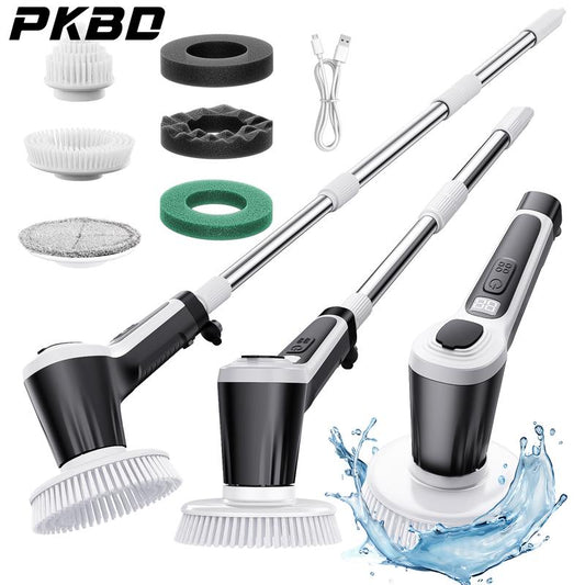 【Live Only】Pkbd Electric Spin Scrubber with Long Handle, Adjustable Arm, 6 Replaceable Brush Heads for Bathroom,Kitchen, Tile, Home Cleaning Supplies,Rechargeable
